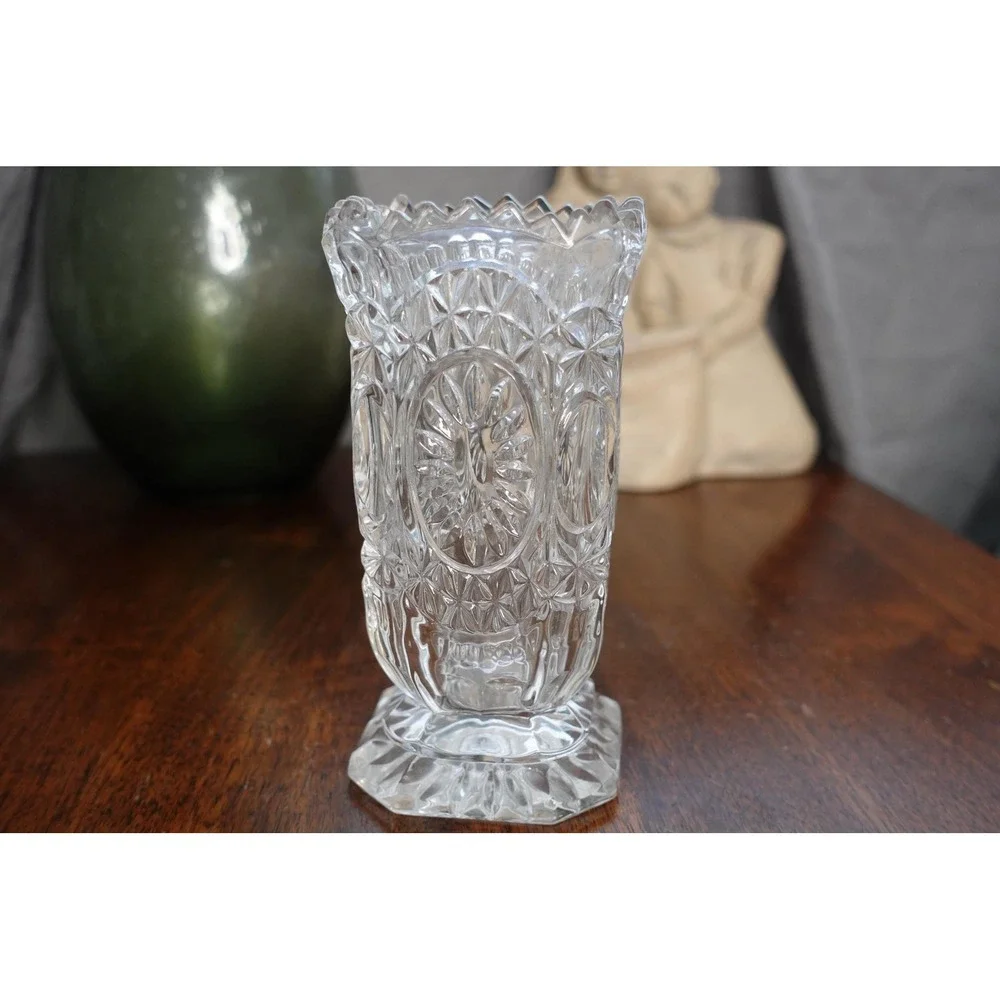 Vintage Hofbauer Byrdes Germany lead crystal vase sawtooth edges and etched bird